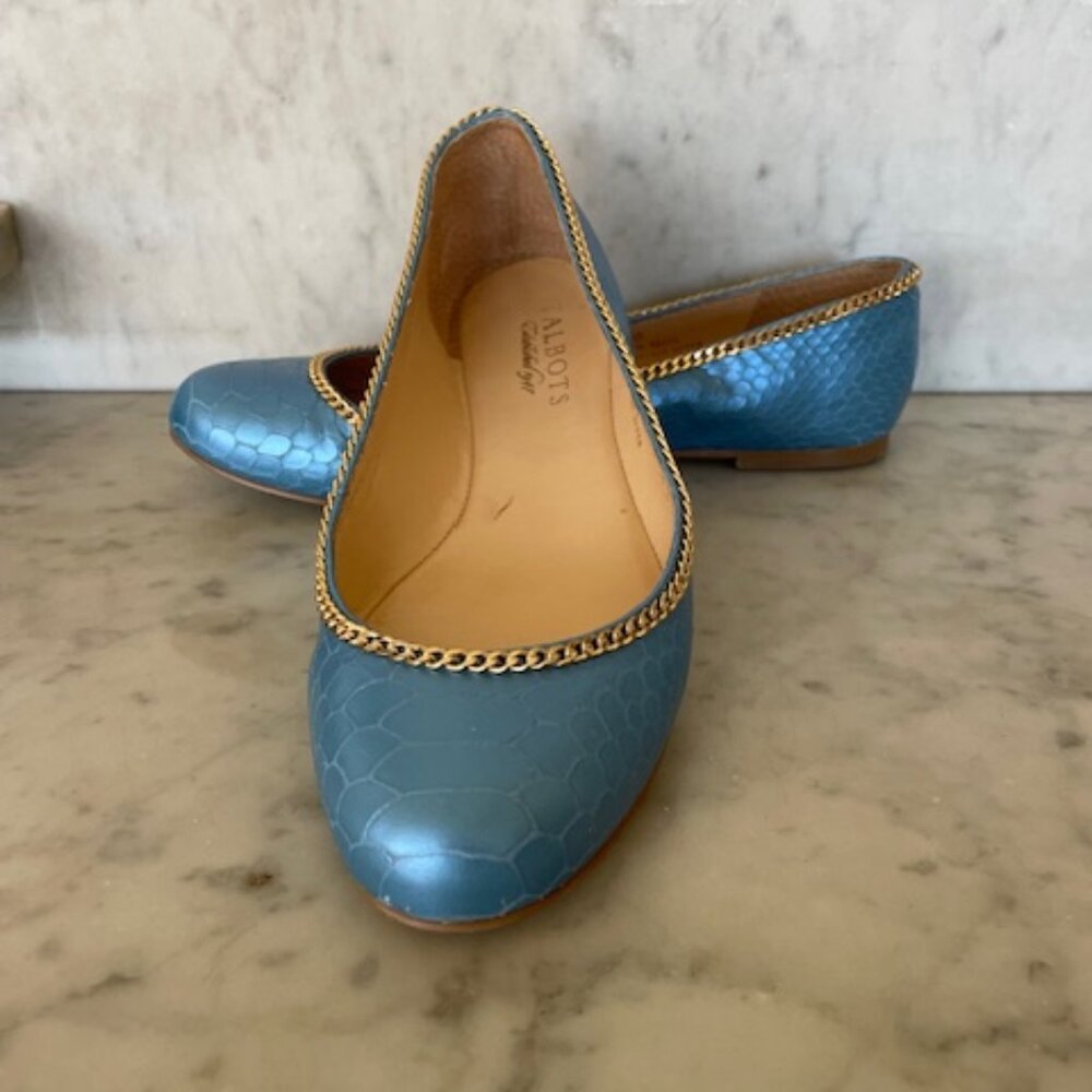 TALBOTS Snakeskin Embossed Blue Leather Braided Accent Chain Flats 6B